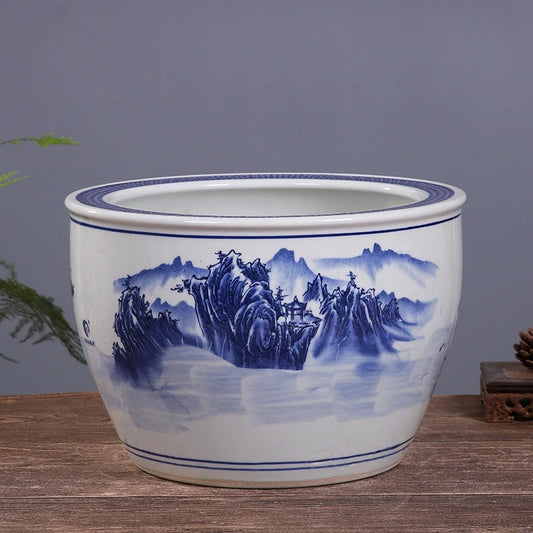 8 Inch Porcelain Plant Pot Outdoor Blue and White Tree Big Ceramic Fishbowl Planter Vintage Pottery Planter Pots Flower Chinese