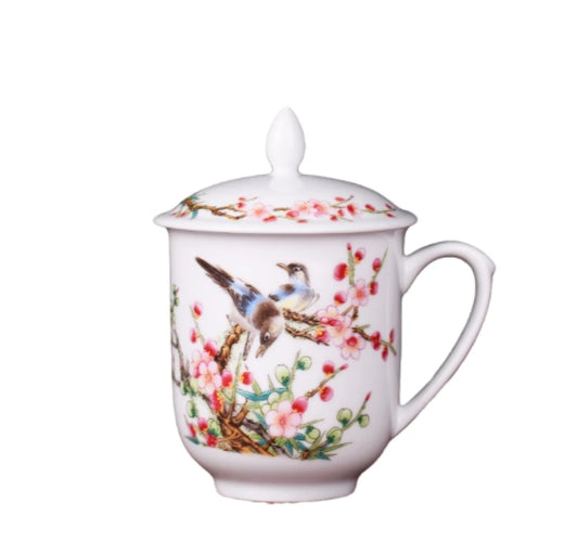 Colorful Summer Flower Bone China Tea Cup With Lid Mugs Gift Home Office 400Ml Teaware Porcelain Tea Cup Coffee Mug Personal cup