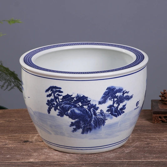 8 Inch Porcelain Plant Pot Outdoor Blue and White Tree Big Ceramic Fishbowl Planter Vintage Pottery Planter Pots Flower Chinese