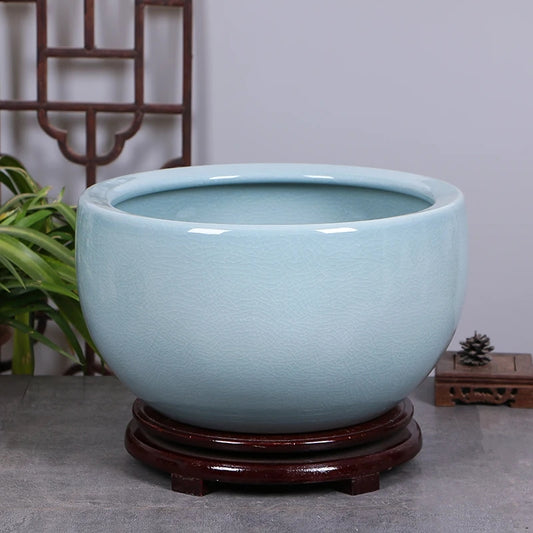 Solid Light Blue Fishbowl 10 Inch Ceramic Pottery Round Fish Bowl Goldfish Aquariums Tank Ceramic Pot for Plants Fishbowl Pot
