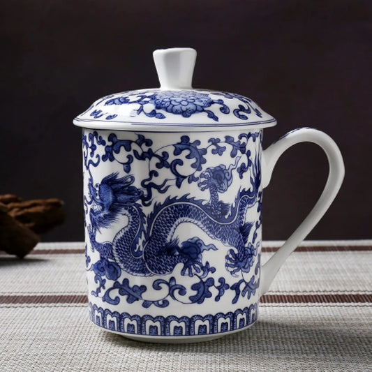 Blue And White Tea Cup With Lid Dragon Bone China Ceramic Cup Cover Jingdezhen Coffee Mug Handle 500ml Loose Leaf