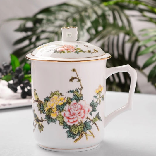 Luxury Pomegranate Mug Cup Superior Quality Fine Bone China Porcelain Mugs White 16oz 500Ml With Lid Ceramic Mug Espresso Garden