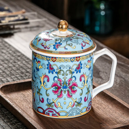 Luxury Porcelain Tea Cup Enamel Vine Flower 450ml Sky Blue Chinese Jingdezhen Ceramics Coffee Mug Golden Teacup Loose Leaf Tea