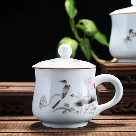Ins Style Chic Flowers And Birds Porcelain Tea Cup With Lid Gift Cherry Cups 300Ml Milk Ceramic Mug For Women Light Green