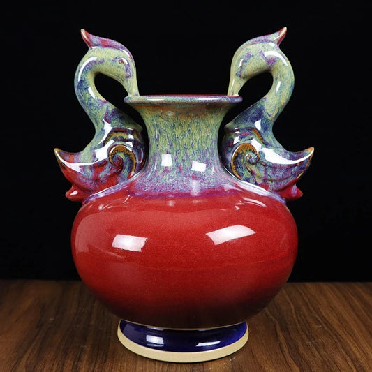 Lucky Mandarin Duck Vase for Flowers Decoration, Red Chinese Flambe Vase, Amphora Bouquet, Decorative Vases for Luxury Room