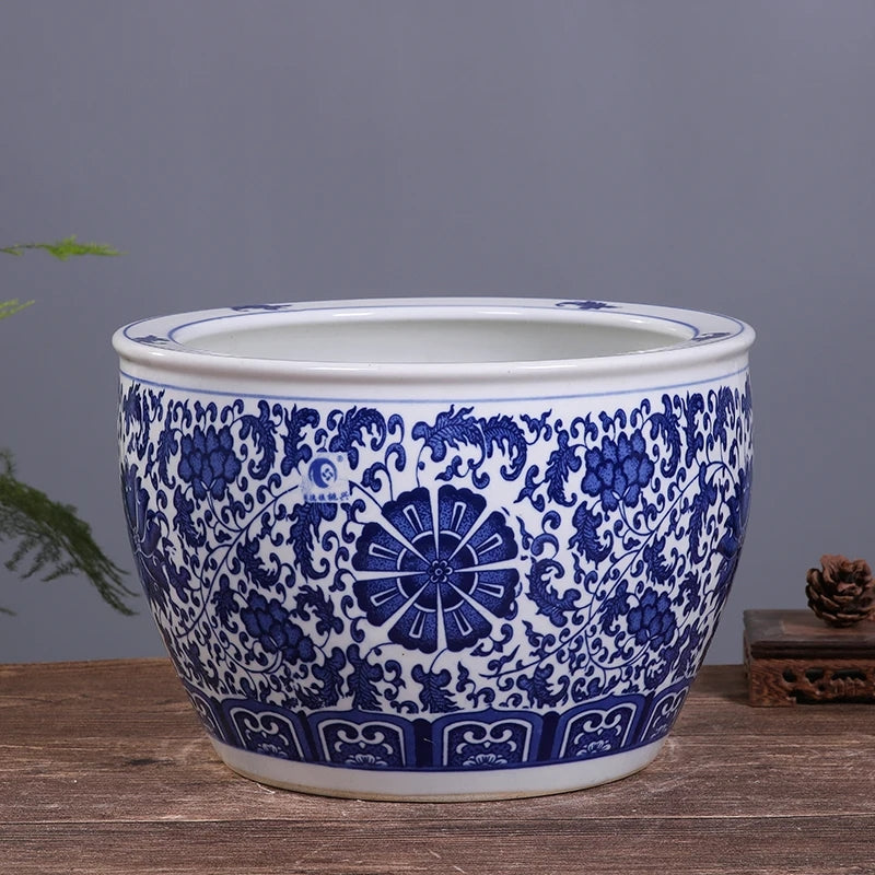 12 Inch Ceramic Planter Asian Blue and White Flowers Plant Pot Outdoor Large Vintage Oriental Pottery Planter Porcelain Big Bowl