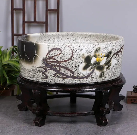 12 inch Ceramic Round Fish Bowl Light Green with Flower Vintage Fish Bowl Porcelain Fish Bowl Tank Asian Fish Bowl Decorations