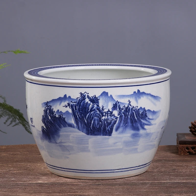12 Inch Ceramic Planter Asian Blue and White Flowers Plant Pot Outdoor Large Vintage Oriental Pottery Planter Porcelain Big Bowl