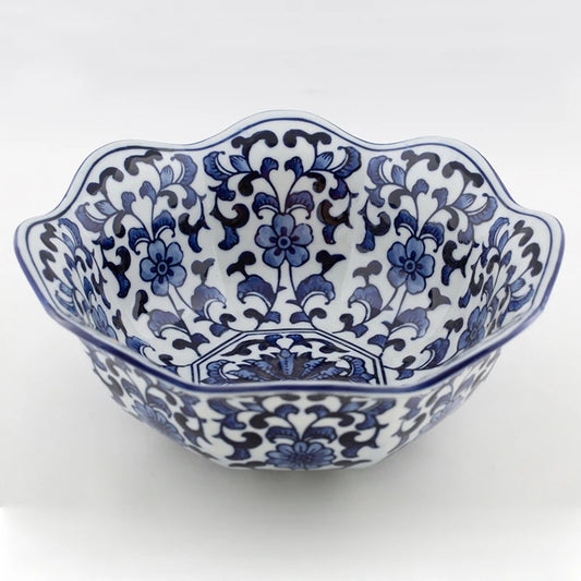 Vintage Blue and White Serving Bowl for Vegetable Fruit Salad Bowls Decorative Ceramic Dish Storage Bowls Snack Salad Bowl Dish