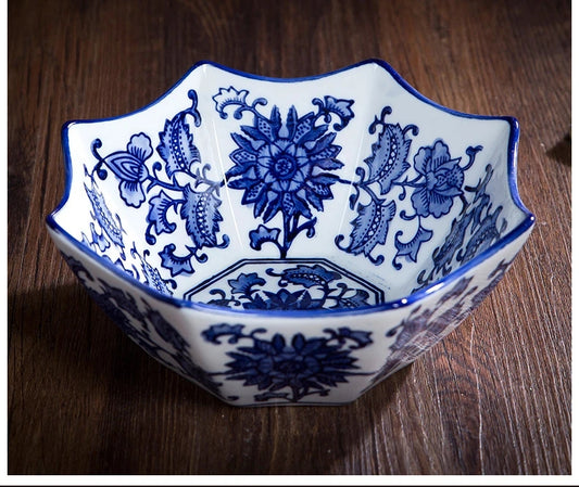 Hexagonal Snack Bowl Dessert Dish Bowl Ceramic Bowl for Fruit Octagon Hand Painted Blue and White Porcelain Vintage Fruit Bowl